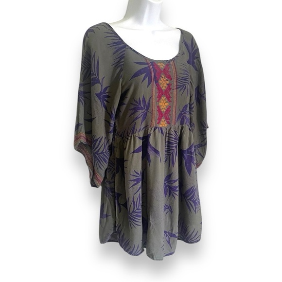 Roxy XS Boho Palm Leaf Blouse Top Olive Purple Bell Sleeve Embroidered Tunic - Picture 10 of 10